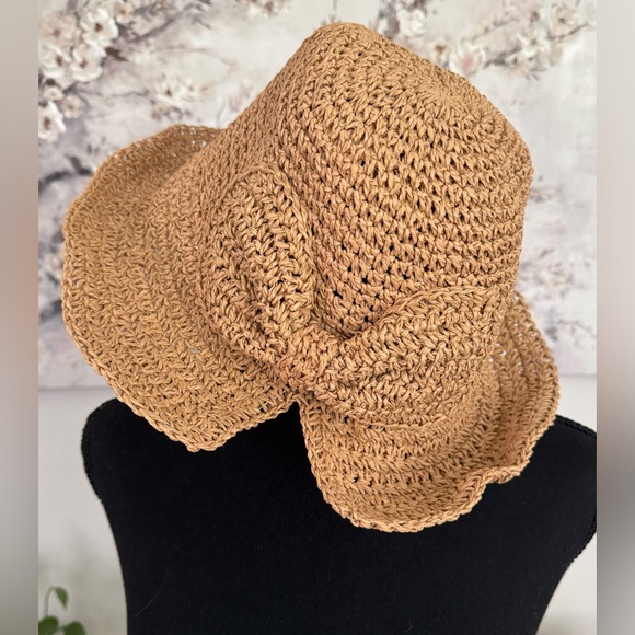 BUFF BEIGE STRAW BUCKET HAT WITH BOW FABRIC BORDER 439648